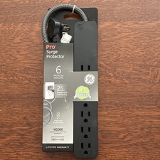 GE Surge Protector 6 Outlets 2ft Braided Cord Flat Plug Black Circuit Breaker