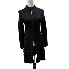 ANTONIO MELANI Black Wool Blend Ribbed Knit Button Long Cardigan Sweater Sz S