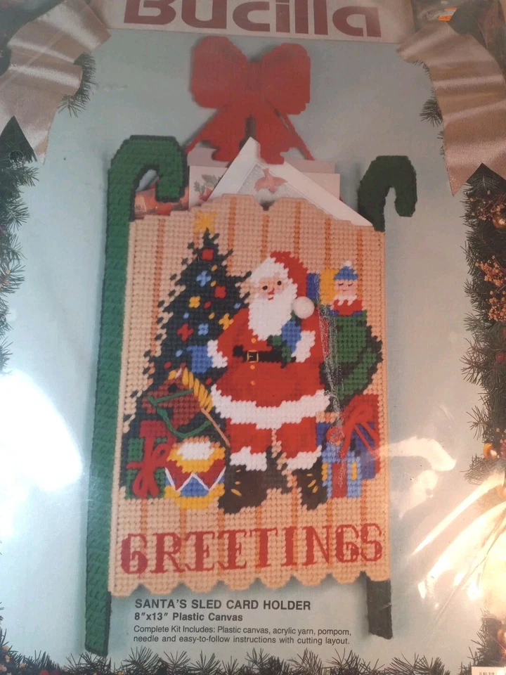 Bucilla Santas Sled Card Holder Plastic Canvas Kit 61153 Sealed 1991 Christmas - Image 2 of 4