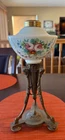 Antique Ornate Painted Milk Glass Lamp Bronze Tripod Torch Mythical Figural Base