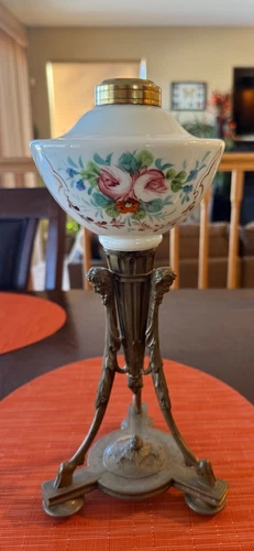 Antique Ornate Painted Milk Glass Lamp Bronze Tripod Torch Mythical Figural Base