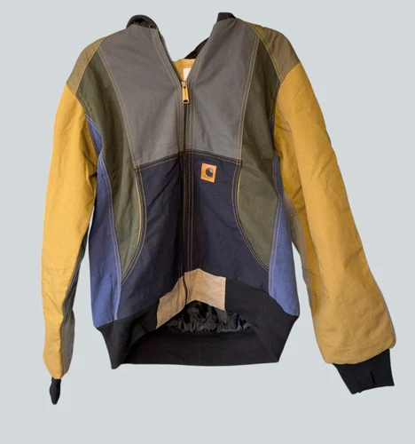 Reworked Carhartt Patchwork Hooded Jacket M Colorblock Quilted Lined Workwear - product listing photo
