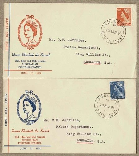 Australia 1954 Haslem QEII 6½d 2½d Orange & Blue  FDC  Cover x2