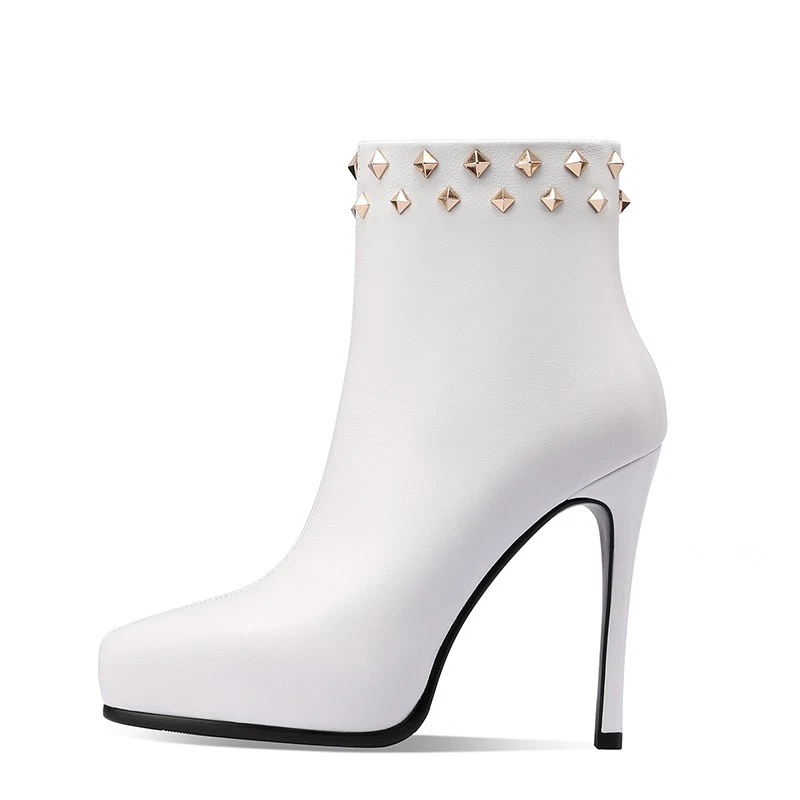 Mujeres Punta Punta Cuero Real Remaches Botines Alto Tacón de Aguja Cremallera Lateral Foto 2 de 4