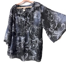JMS Blouse Size 2X 18W 20W Pleated Sheer Black Gray Scroll Print Top 3/4 Sleeve