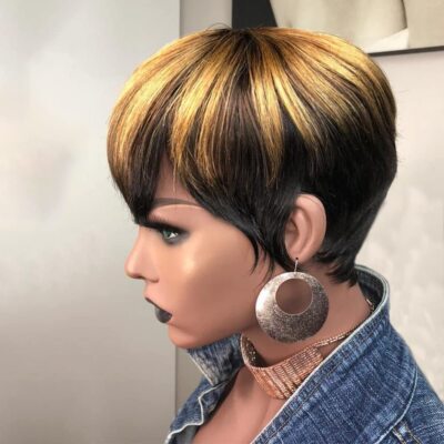 Women Fashion Pixie Cut Human Hair wigs with Bangs Black Mix Blonde Brown USA