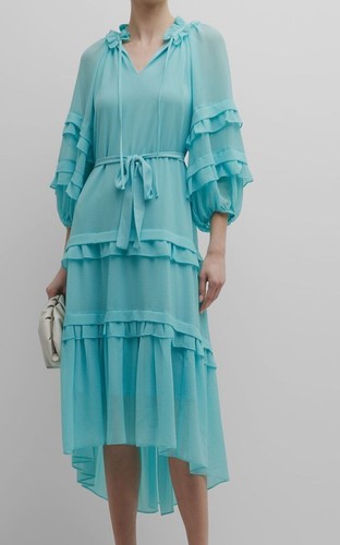 $398 Kobi Halperin Dress Geranium Koa Tiered Blouson Sleeve Midi Size S V-Neck - Picture 10 of 11