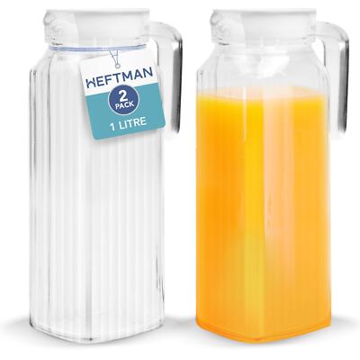 HEFTMAN Glaskanne 1 Liter 2er Pack Kühlschrank Wasser gerippt belüfteter Deckel Heißkrug Milch