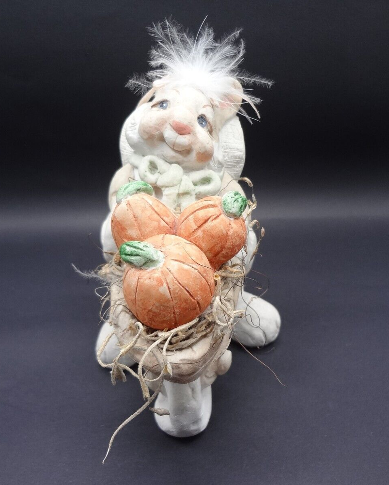 Cast Art 1991  Figurine Bunny With Wheelbarrow Of Pumpkins Signed Kristin