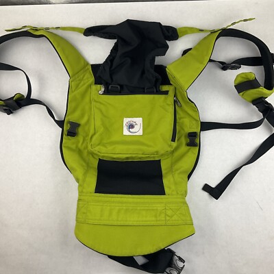 Ergo Baby Performance Baby Carrier W/ Sleeping Hood Lime Green EUC Neutral
