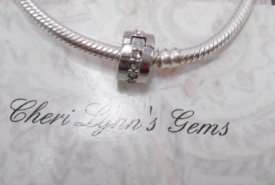 CLEAR CZ SILVER CLIPPED STOPPER CHARM BRACELET BEAD & POUCH!
