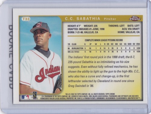 C.C. SABATHIA ROOKIE CARD 1999 Topps Traded CHROME $$ RC Baseball CC NY Yankees! - Picture 2 of 2