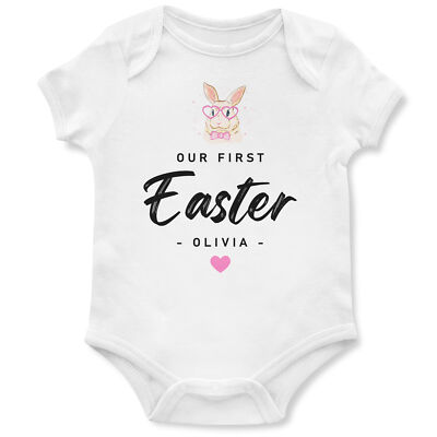 Individueller Ostern Strampler für Baby Mädchen Unser erster personalisierter 1. rosa Häschen Ve...