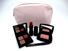 New! LANCOME Pink Plastic Rose Embossed Cosmetic Bag & 4 Travel Products