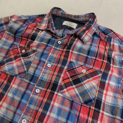 Flag And Anthem Plaid Shirt Sleeve Button Up Shirt Men's XL A9