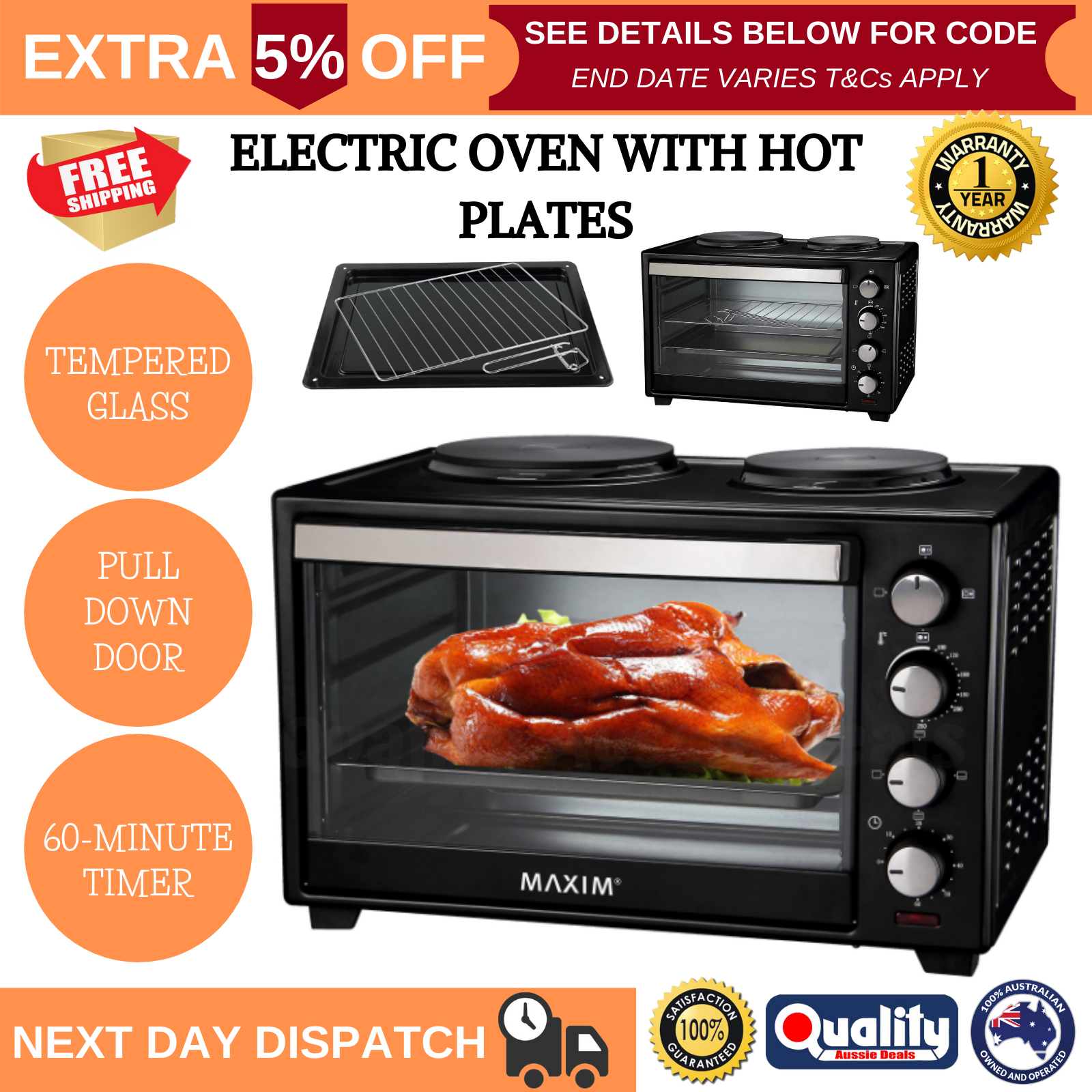 Maxim 30L Electric Oven with 2 Hot Plates Cooking Kitchen Countertop