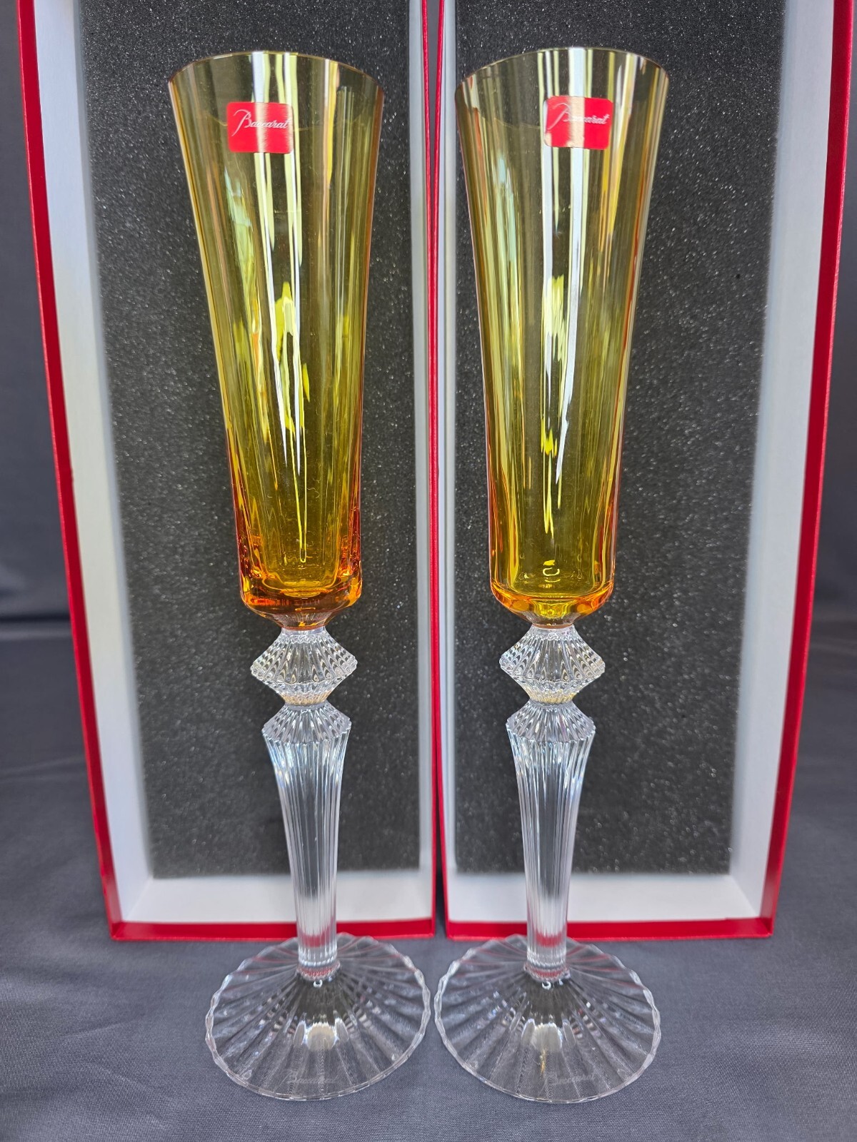 Baccarat Mille Nuits Topaz Flute Amber 2811584 Set of 2 Crystal Glasses