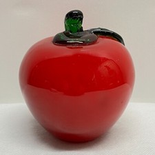 VTG Murano Hand Blown Art Glass Fruit Red Apple Green Stem  Leaf Decor Figurine