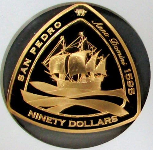 2007 GOLD BERMUDA 99 MINTED 5 ozs $90 TRIANGLE SAN PEDRO COIN NGC PROOF 65 UC