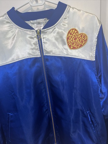 Disney Bomber Jacket Mickey Mouse Blue Satin Size L Disneyland - Picture 2 of 11