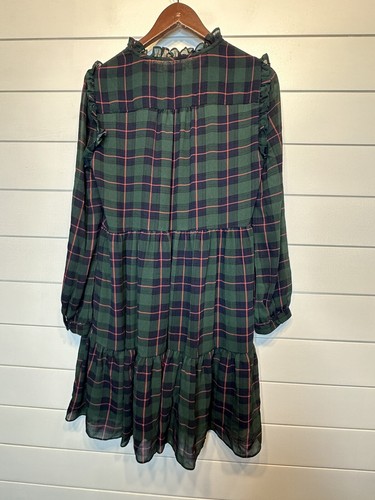 J Crew Medium Dress Tartan Plaid Green Blue Red Sheer Tiered Knee Length Ruffle - Picture 9 of 12
