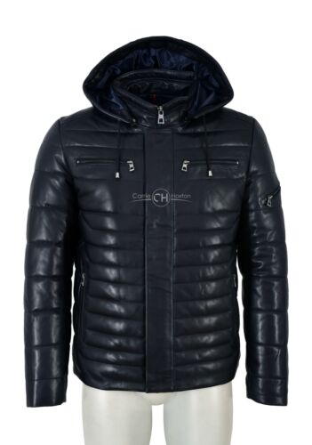 Mens Puffer Leather Jacket Navy Hooded 100% Lambskin Quilted Sport Hoodie Jacket - Picture 1 of 5