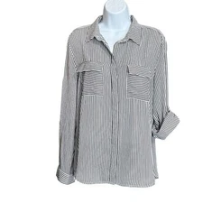 LOFT Striped Button Down Blouse semi sheer roll tab sleeve women’s Medium