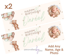 2x Personalised Green PHOTO BABY BIRTHDAY Banners LARGE Party Poster Teddy Bear