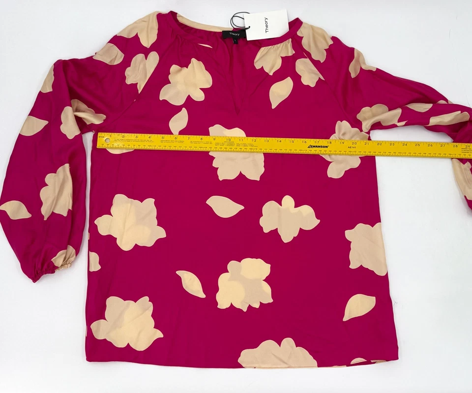 Nueva Camisa Theory Mujer Grande Rosa Floral 100% Seda Blusa Manga Larga Cuello en V Foto 3 de 4