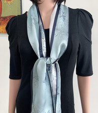 100 Silk Mulberry Shawl 150X16cm Neckerchief Bandanna Scarf Blue narcissus Print