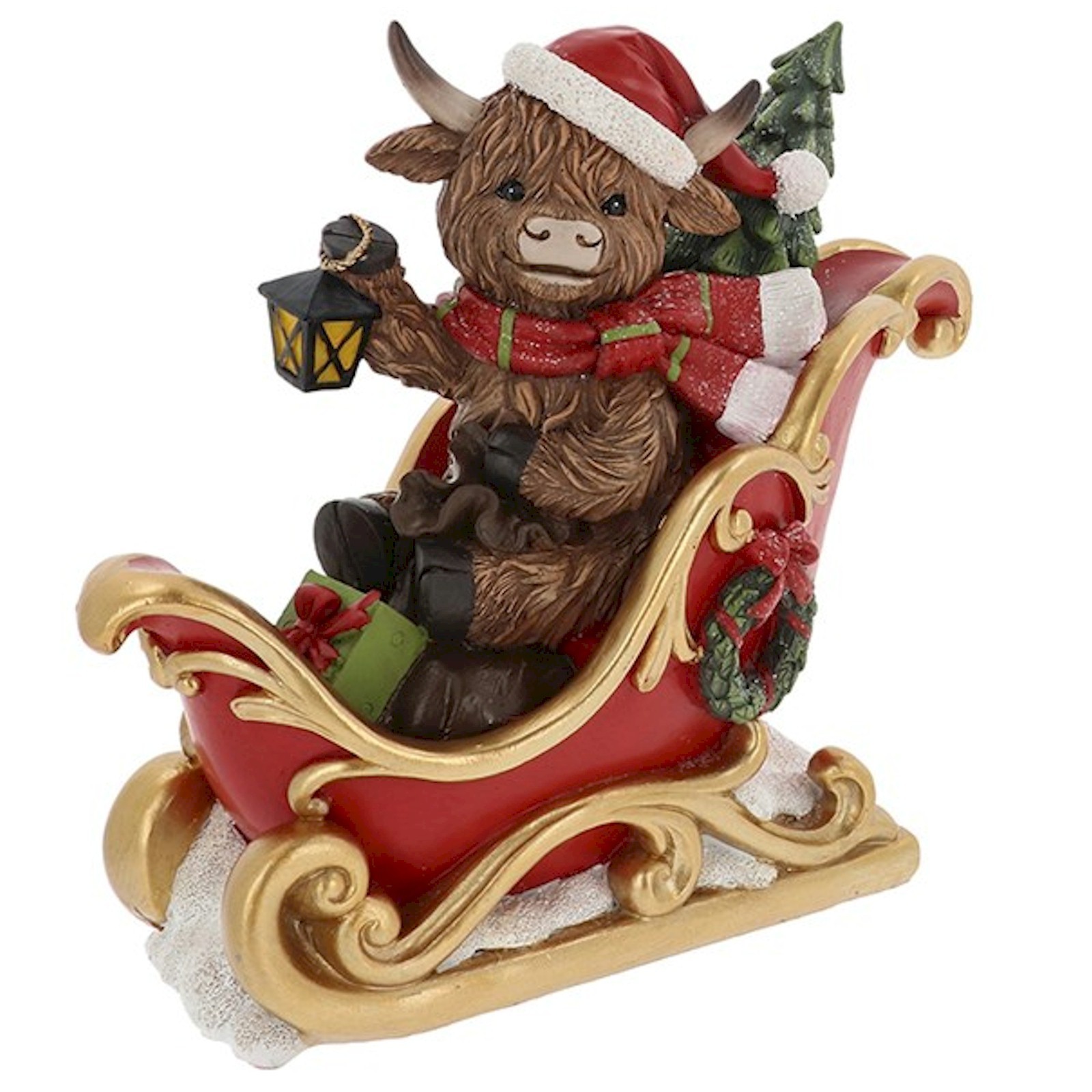 Shudehill Giftware Merry Christmas Highland Cow in Sledge Ornament Figurine