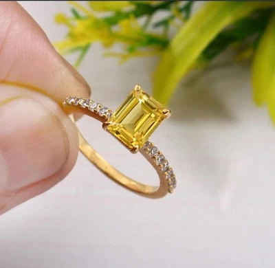4,25 Ct Natürlicher Gelber Saphir Solitär Bandring 14k Vergoldet Silber 7 - Bild 1 von 4