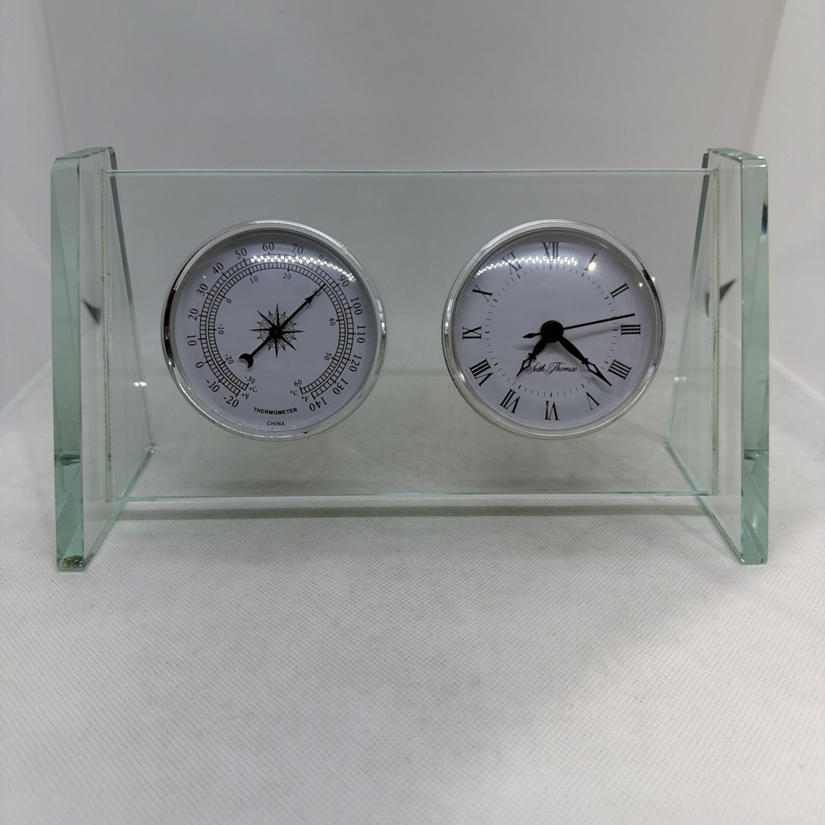 Vintage Seth Thomas Desk Weather Station Set in Glass Clock