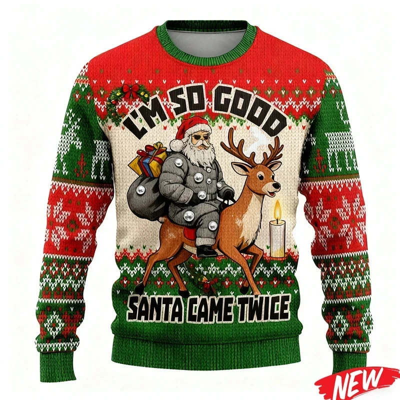 Funny Santa Riding Reindeer Ugly Christmas Sweater Men's Holiday Pullover