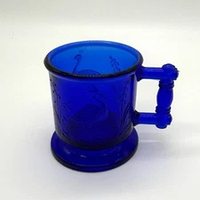 Vintage Degenhart Cobalt Blue Glass Stork & Peacock Child's Cup Mug