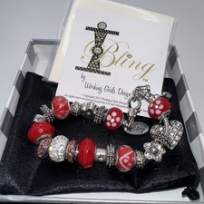 Working Girls Design Bling Red White Glass Beads Bracelet NIB Red Hibiscus