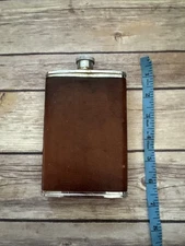 Vintage English Hip Flask Made in England 8 oz 6.25"H Stainless Steel & Leather