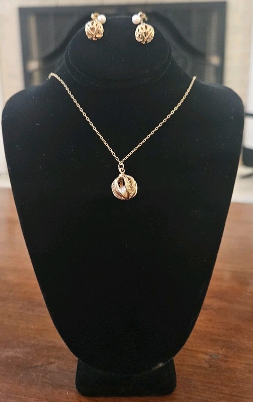 1/20 12kGF Pearl Cage Pendant/Chain Necklace, 14k Matching Earrings, Tested 