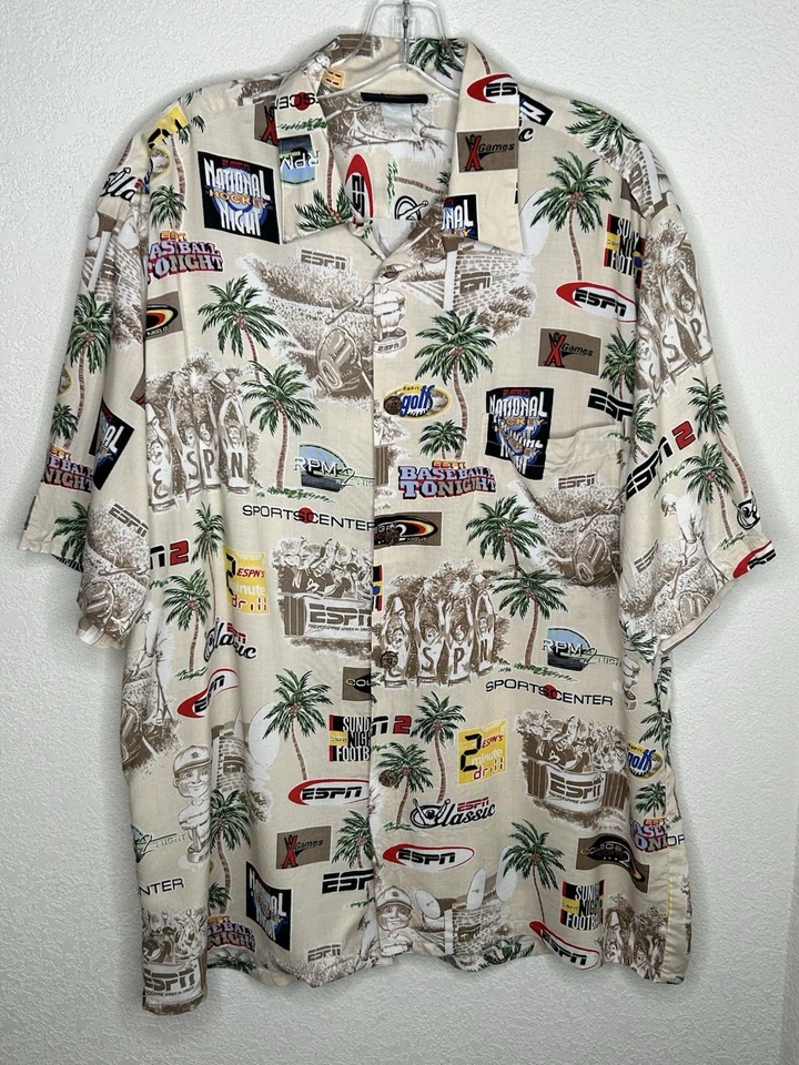 Vintage ESPN Zone Shirt Mens L Hawaiian Rayon Sports Center Party All Over Print - Image 2 of 4