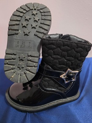 Girls Black Patent Bootie Ankle Boots Quilted Star Zip Round Toe US 7 UK 6
