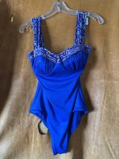 Vintage Blue One Piece Swimsuit Geometric Trim Adjustable Straps size 10