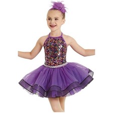 Weissman Dance Costume Tutu Dress Kids MC 10 Purple Sequin Halter Tulle Sparkle