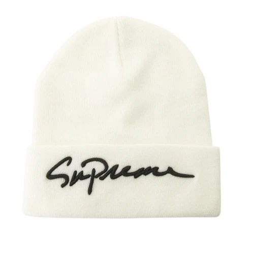 Bonnet tricot Supreme 18FW écriture classique blanc occasion 48591fbc818eba90ab9426921