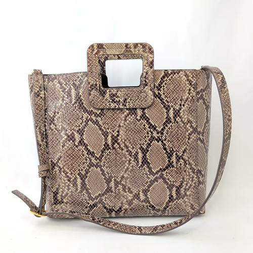 STAUD Shirley Snake Print Leather Tote Bag Square Handle Crossbody Brown Handbag