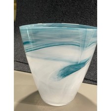 Hand Blown Turquoise White Swirl Glass Oval Vase Coastal Modern Art Glass 7in