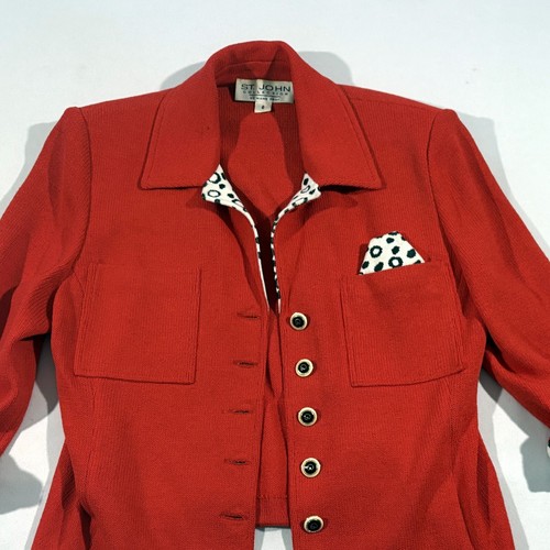 St John Collection Red Jacket Leopard Old Money Country Club Blazer Sz 6 Flaw - Picture 4 of 13