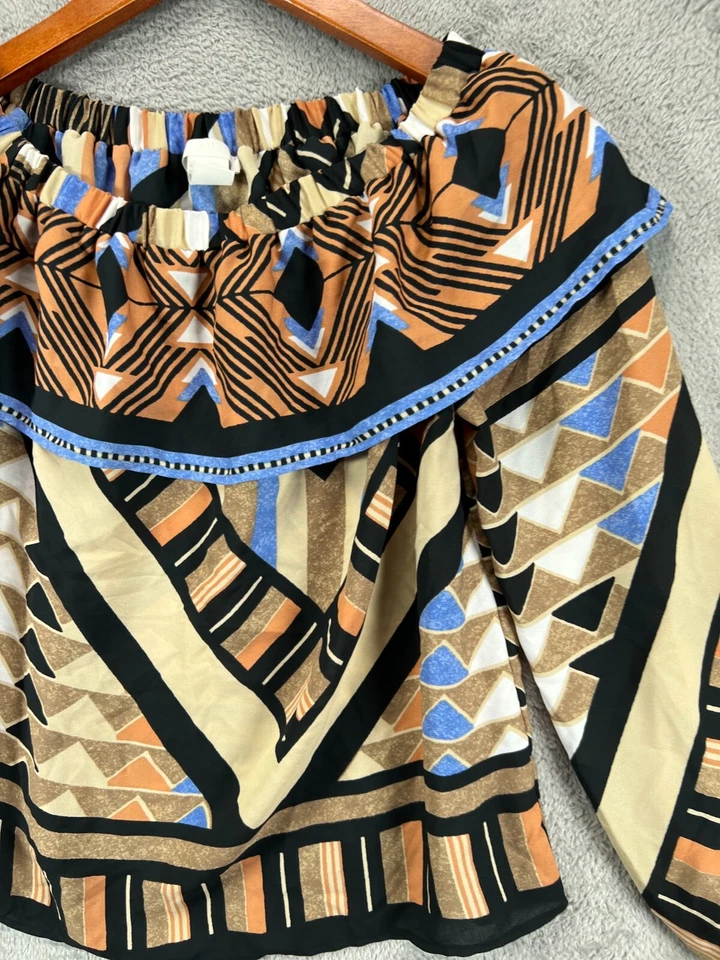 H&M Womens 6 Crop Tops Off Shoulder Brown Geometric Shirt Chiffon Long Sleeve - Image 3 of 4