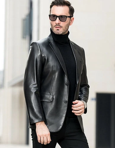 Men's Genuine Lambskin Leather Blazer Jacket Two Button Black Slim fit Coat - NF image 2
