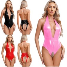 Women's Jumpsuit Deep V Neck Bodysuit Party Rompers Patent Leather Leotards