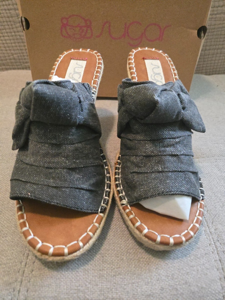 Sugar Womens Hundreds Wedge Sandals Black Sparkle Denim Size